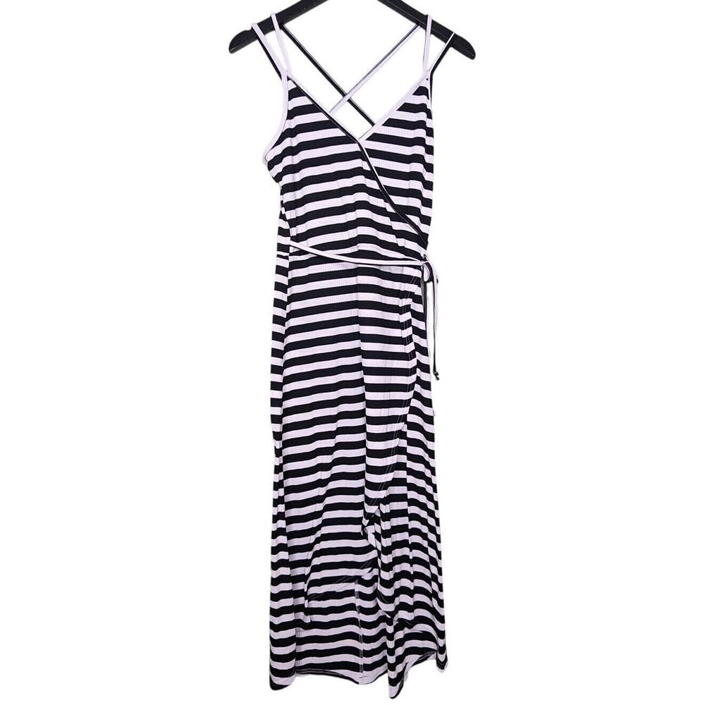 Sleeveless Ribbed Knit Dress Black White Stripe Strappy Hi Low Sundress M